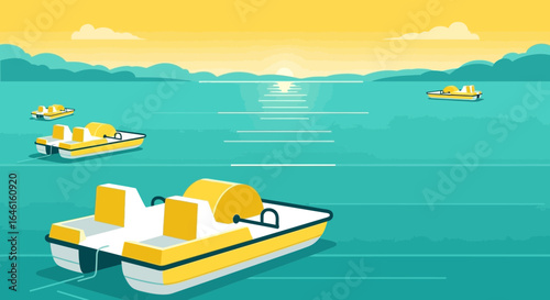 Peaceful lake scene with pedal boats in vibrant colors reflecting sunlight