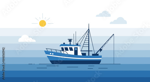 Peaceful Maritime Scene with Fishing Boat Floating on Tranquil Blue Ocean Waters