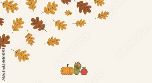 Minimalist autumn leaves with harvest food vector background suitable for banners and presentations showing autumn season atmosphere