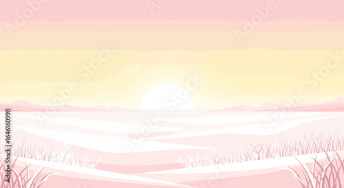 Peaceful pink landscape with a minimalist design evoking serenity and tranquility during sunrise