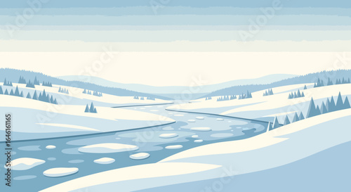 Peaceful Winter Landscape Scene With Snow Covered Hills And Frozen River