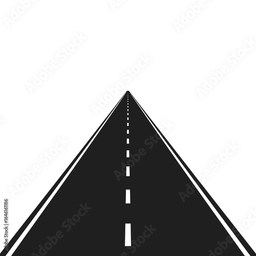 Perspective view of a black asphalt road with white lane markings stretching into the distance isolated on white background