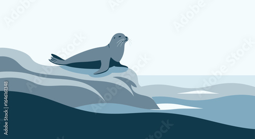 Minimalist illustration of a seal resting on coastal rocks, sea and sky in background. Vector illustration of wildlife marine animal
