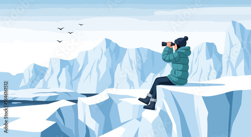 Person on Iceberg Observing Arctic Landscape with Binoculars in Vector Illustration
