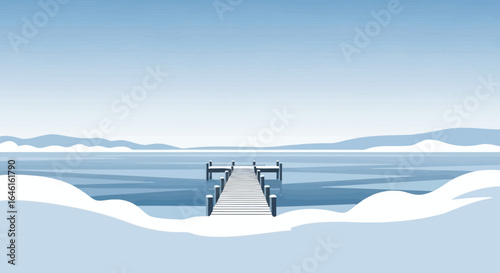 Pier On Frozen Lake In Winter Scene Calm And Serene Illustration
