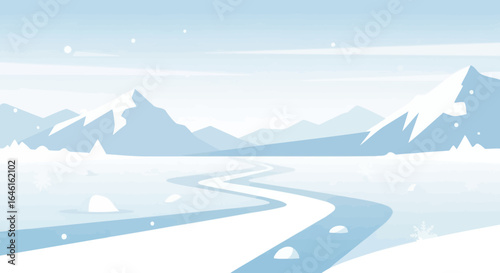 Minimalist Winter Landscape Illustration Featuring Snowy Mountains And Frozen River