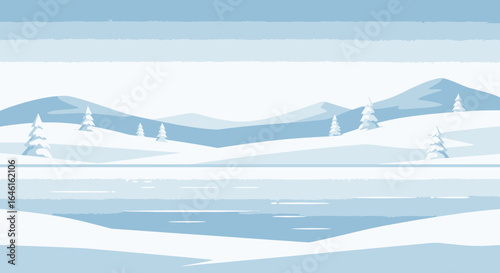 Minimalist winter landscape illustration with frozen lake and snowy mountains provides serene backdrop