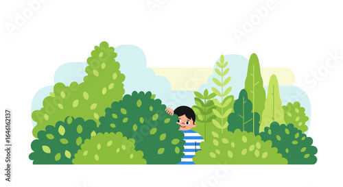 Playful Hide and Seek: A Cheerful Boy Hiding Behind Bushes in a Lush Green Park