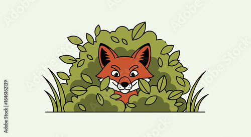 Playful fox hiding in a bush cartoon illustration with outlines and light colors showing slyness and trickery nature animal concept