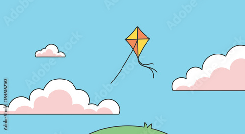 Playful Kite Gliding Among Fluffy Clouds In A Sunny Sky Illustration