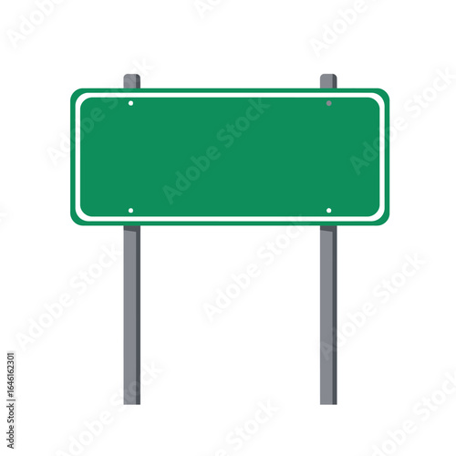 Blank green highway road sign with white border and metal posts isolated on white background