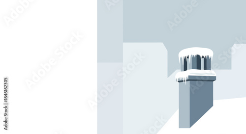 Minimalist winter scene of a snow-covered chimney with icicles on a rooftop flat style