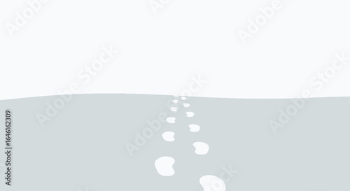 Minimalist winter scene featuring footprints in the snow leading into the distance, creating a sense of journey and solitude
