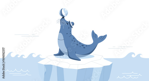 Playful seal balancing a ball on ice floe in arctic environment illustration