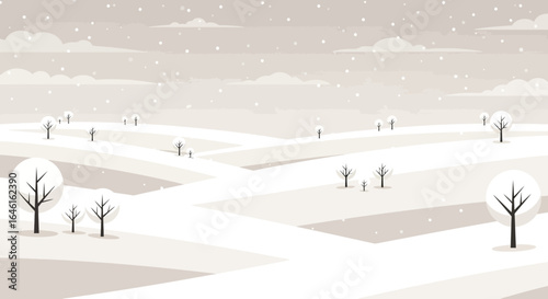 Minimalistic winter landscape illustration with snow falling and bare trees creates a serene and peaceful mood