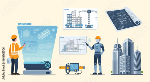 Modern construction and architectural design project with engineer and robot collaboration
