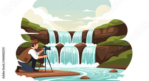 Professional photographer capturing stunning waterfall landscape with modern camera equipment and nature photography techniques