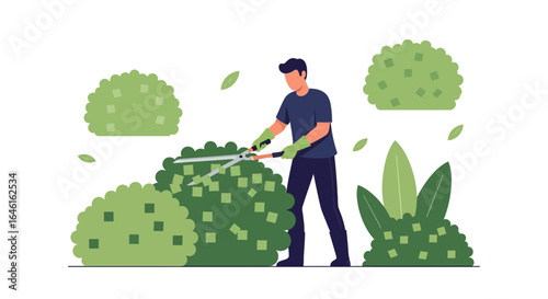 Professional Landscaper Trimming Bushes With Hedge Trimmers In An Isolated Garden