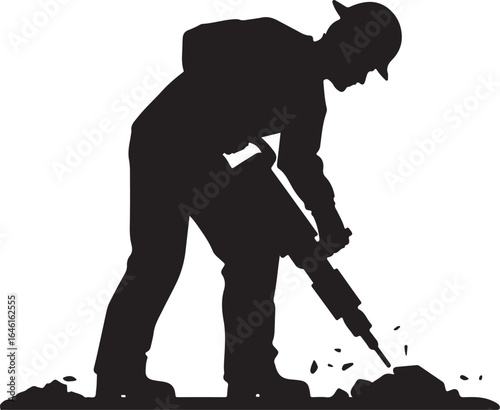 Silhouette of construction worker operating a jackhammer breaking ground vector