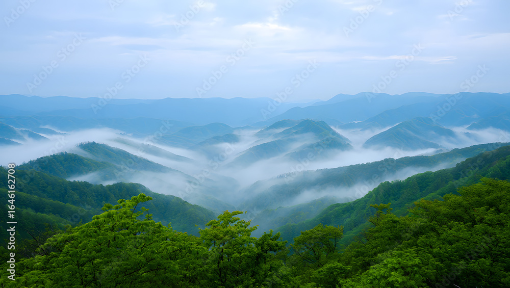 Naklejka premium Verdant mountain peaks shrouded in ethereal mist under a soft blue sky mountains valleys