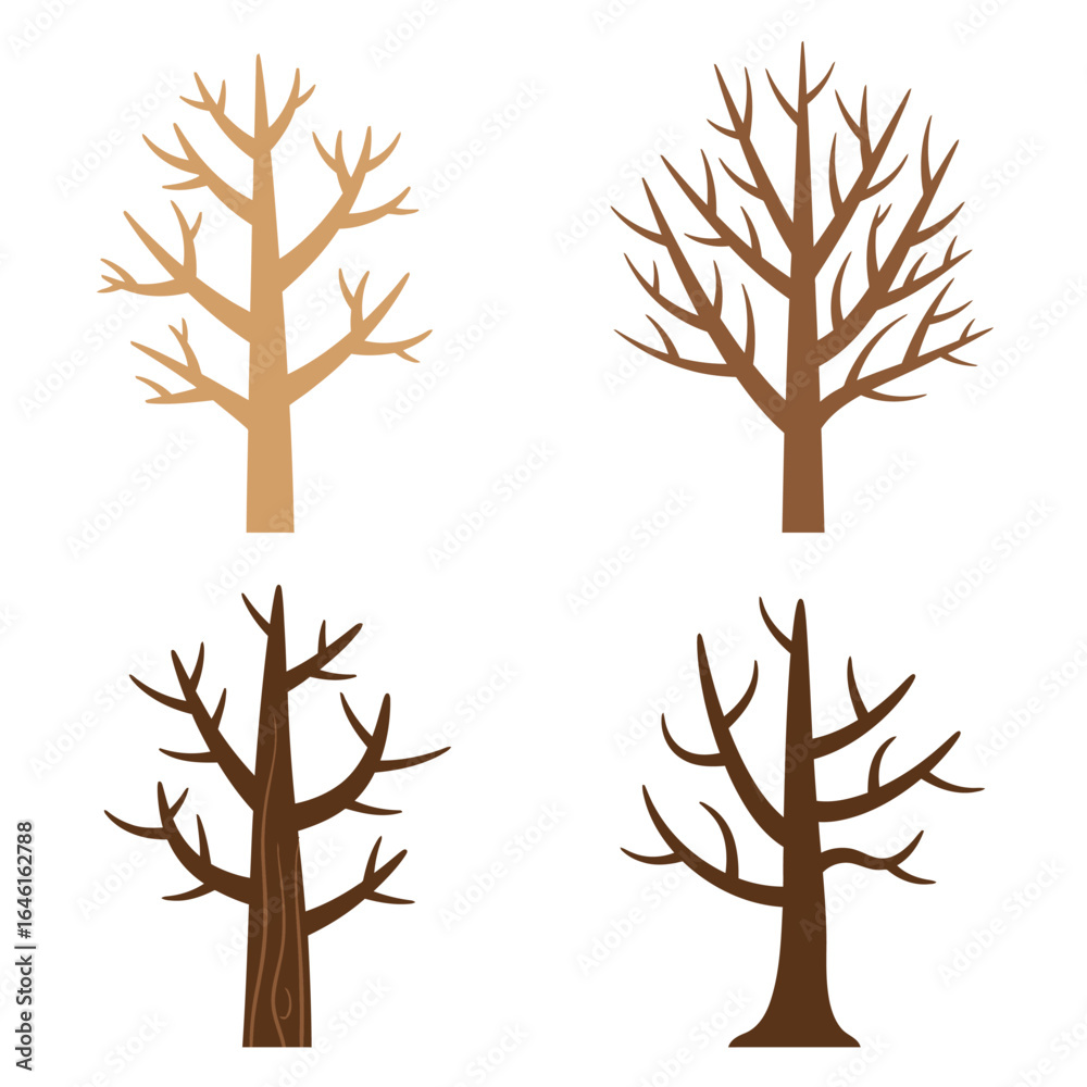 Fototapeta premium Four stylized bare deciduous trees with brown and yellow trunks and branches isolated on white background