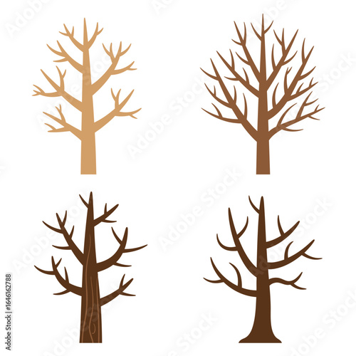 Four stylized bare deciduous trees with brown and yellow trunks and branches isolated on white background
