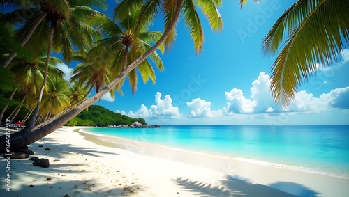 Idyllic tropical beach with palm trees swaying under a bright blue sky and calm ocean