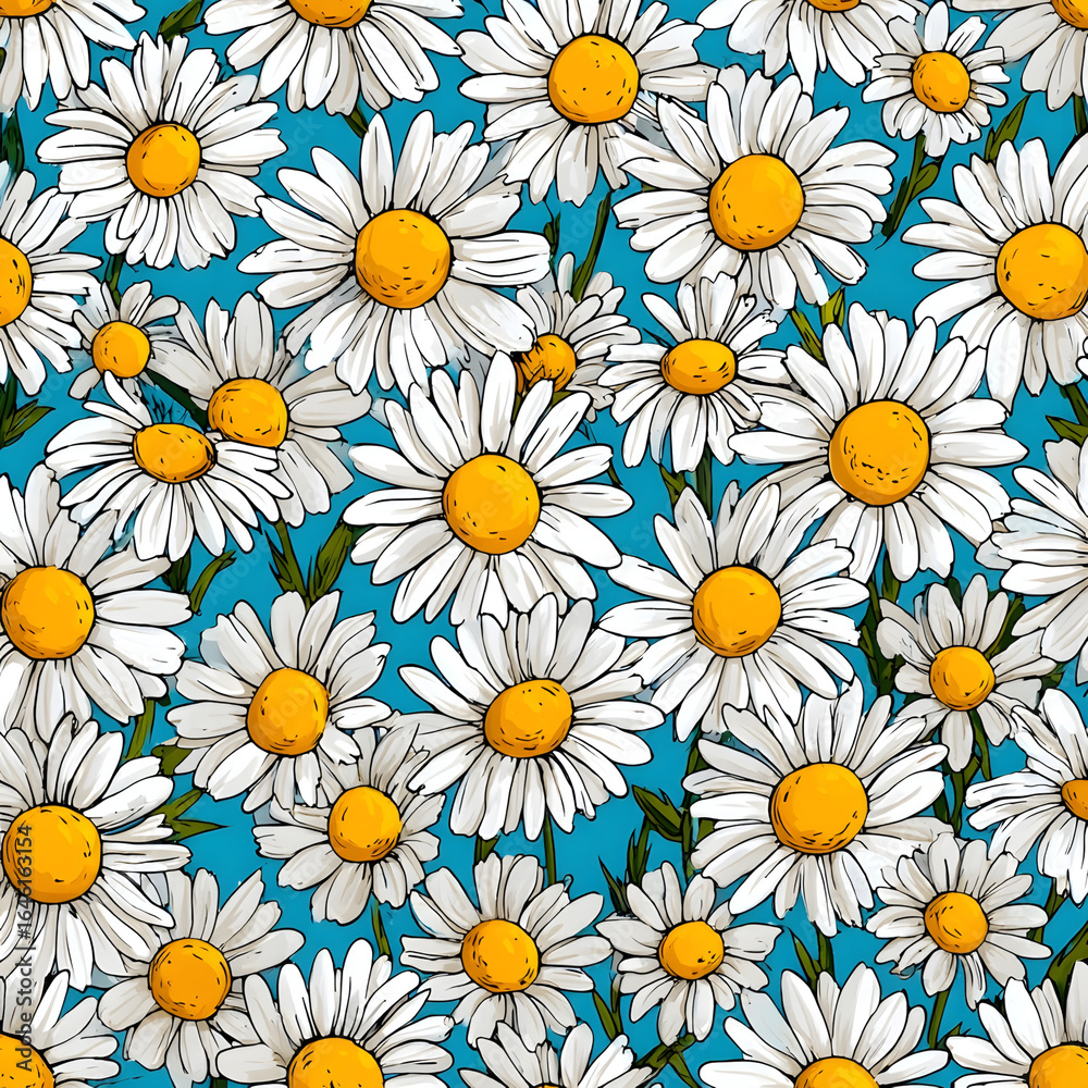 Fototapeta premium A cheerful pattern of white and yellow daisy flowers on a light blue background.