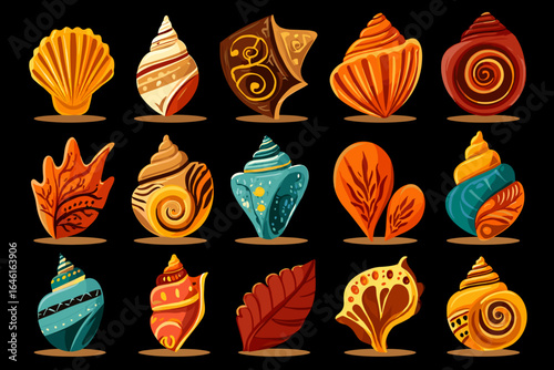 Colorful Collection of Shells and Leaves on Black Background
