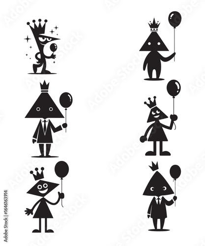 Stylish Geometric King and Queen Characters with Balloons.