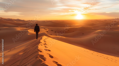 A lone figure walking through a vast, golden desert landscape at sunset.