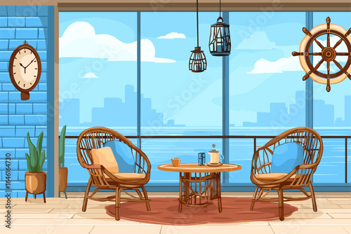 Cozy Coastal Living Room with Scenic View and Nautical Decor
