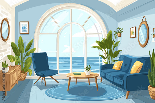 Cozy Modern Living Room with Ocean View and Blue Accents