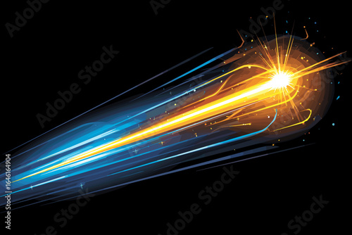Dynamic Abstract Meteor with Radiant Trail and Sparkles on Black Background