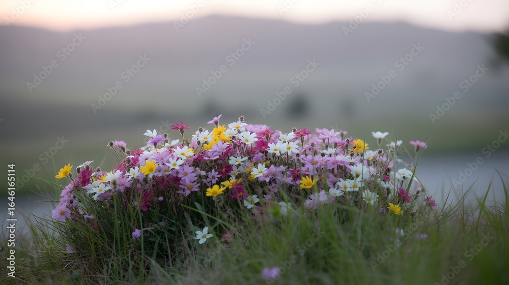 Obraz premium Vibrant wildflower bouquet bursts with pink, white, yellow colors at dawn
