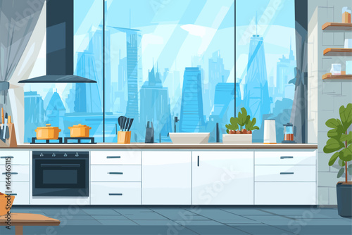 Modern Kitchen Interior with City View and Stylish Appliances