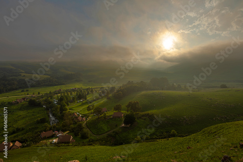 Diffused sunlight through low clouds at sunset