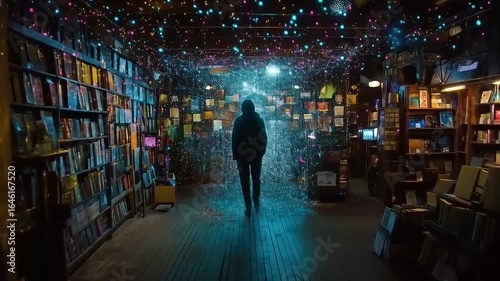 Mystical Bookstore: Person Walking Through a Universe of Literary Magic and Light