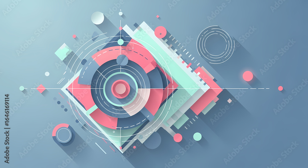 Obraz premium Abstract Geometric Composition with Modern Flat Design Elements and Long Shadows Representing Data Analysis, Digital Systems, and Innovative Technology Concepts