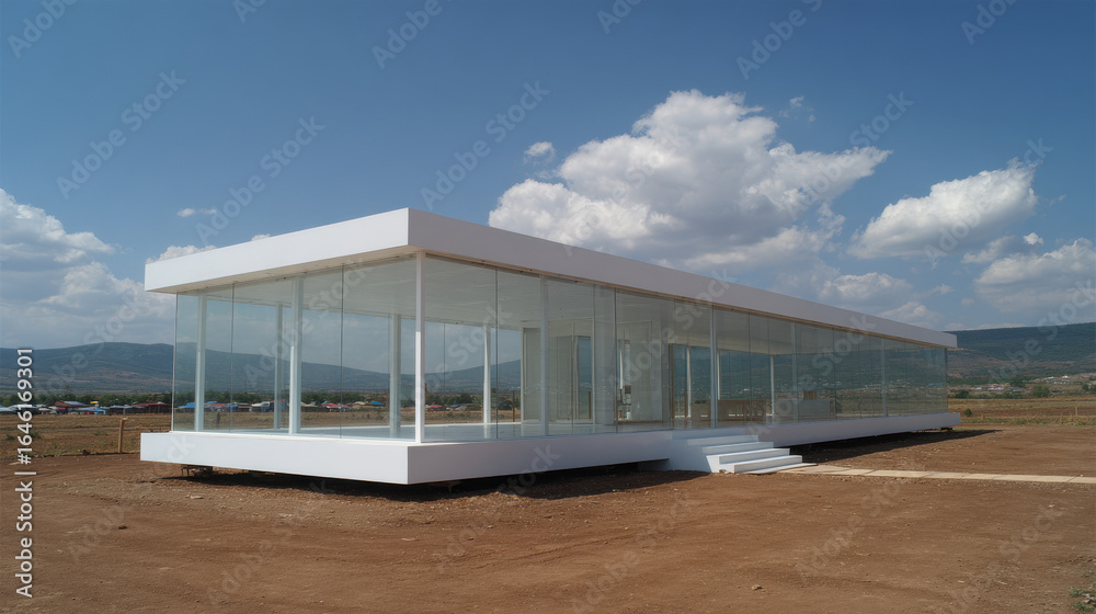 Fototapeta premium advanced automated production line constructs modern modular homes featuring transparent walls