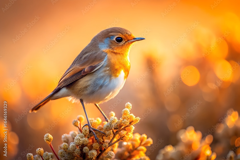 Fototapeta premium European Robin Perched on Golden Blossoms Bathed in Warm Sunset Light