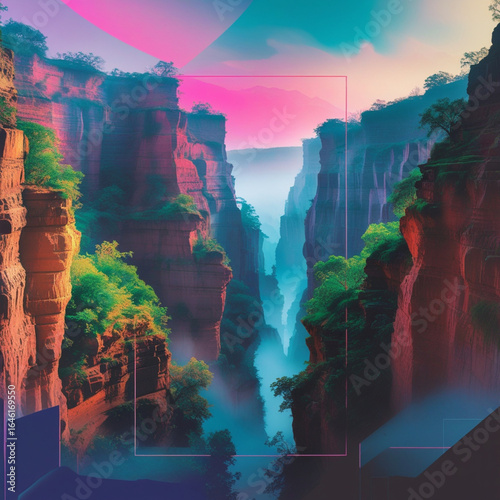 Tebing tinggi menjulang dengan vegetasi hijau dan langit warna-warni, menciptakan pemandangan alam dramatis yang memukau di antara kabut lembut yang menyelimuti jurang.