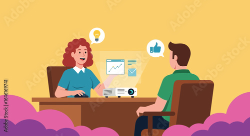 Projecting ideas in a business presentation between colleagues for innovative discussions, problem solving