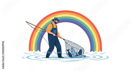 Rainbow catch: Fisherman with net under rainbow, illustration of successful fishing expedition