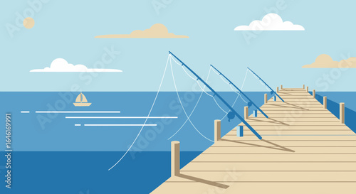 Serene fishing pier scene featuring fishing rods sailboat and calm sea atmosphere in pastel colors