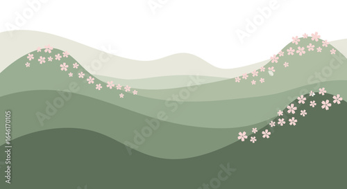 Serene green mountain landscape with cherry blossom flowers vector illustration