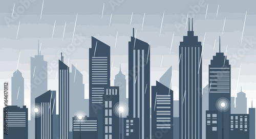 Rainy city skyline illustration with modern buildings and skyscrapers for a urban landscape scene vector design