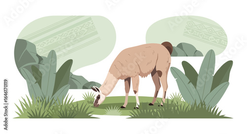 Serene Illustration of a Grazing Llama Amidst Lush Vegetation and Cultural Background