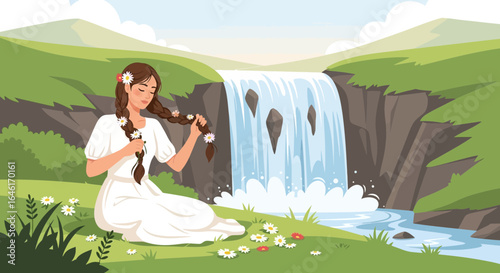 Serene illustration of a woman with flowers by a waterfall in a picturesque landscape
