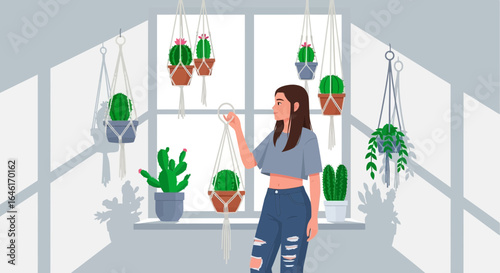 Serene Indoor Garden Scene with Young Woman Among Hanging Potted Cacti